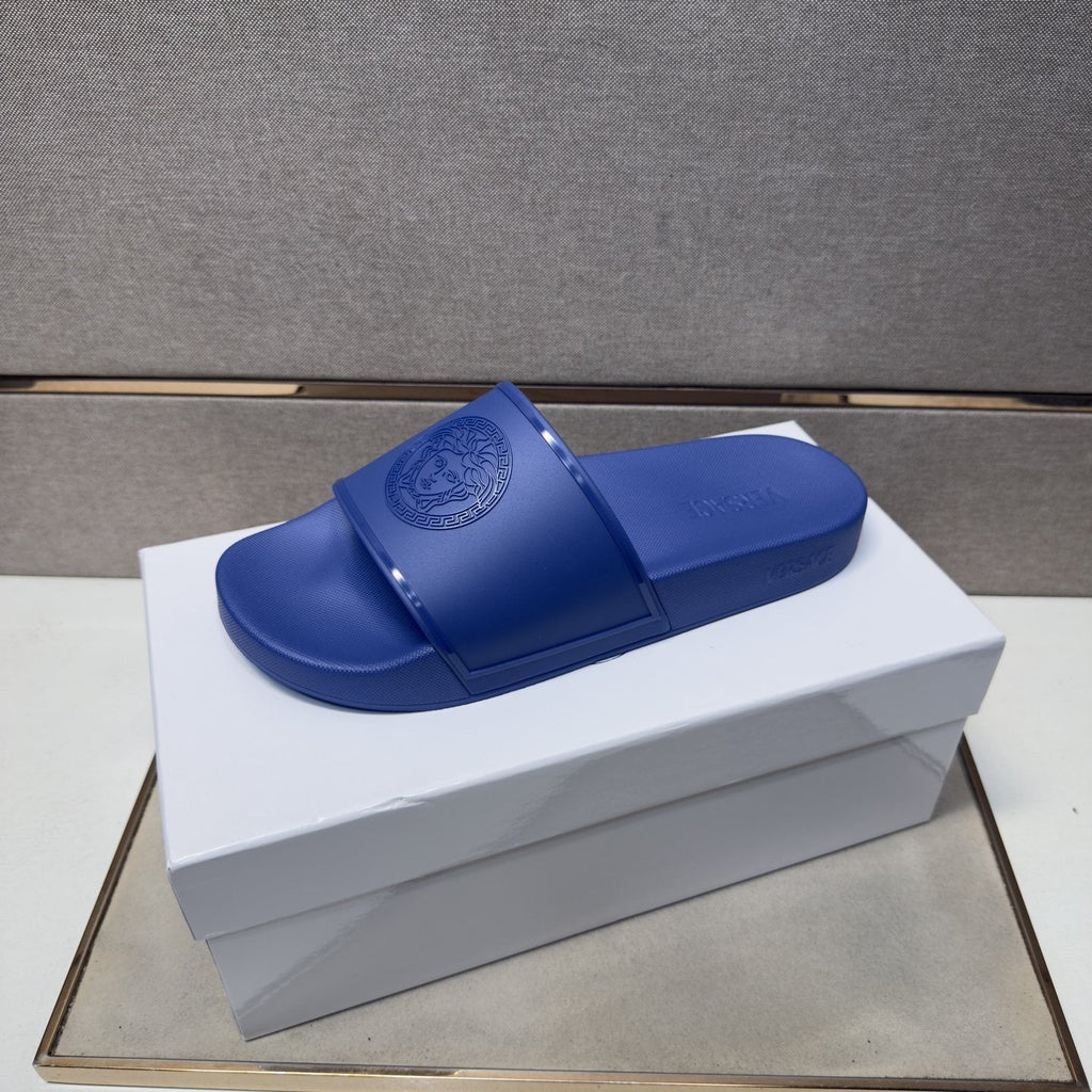 Versace Blue Raised Emblem Slide Sandals — front