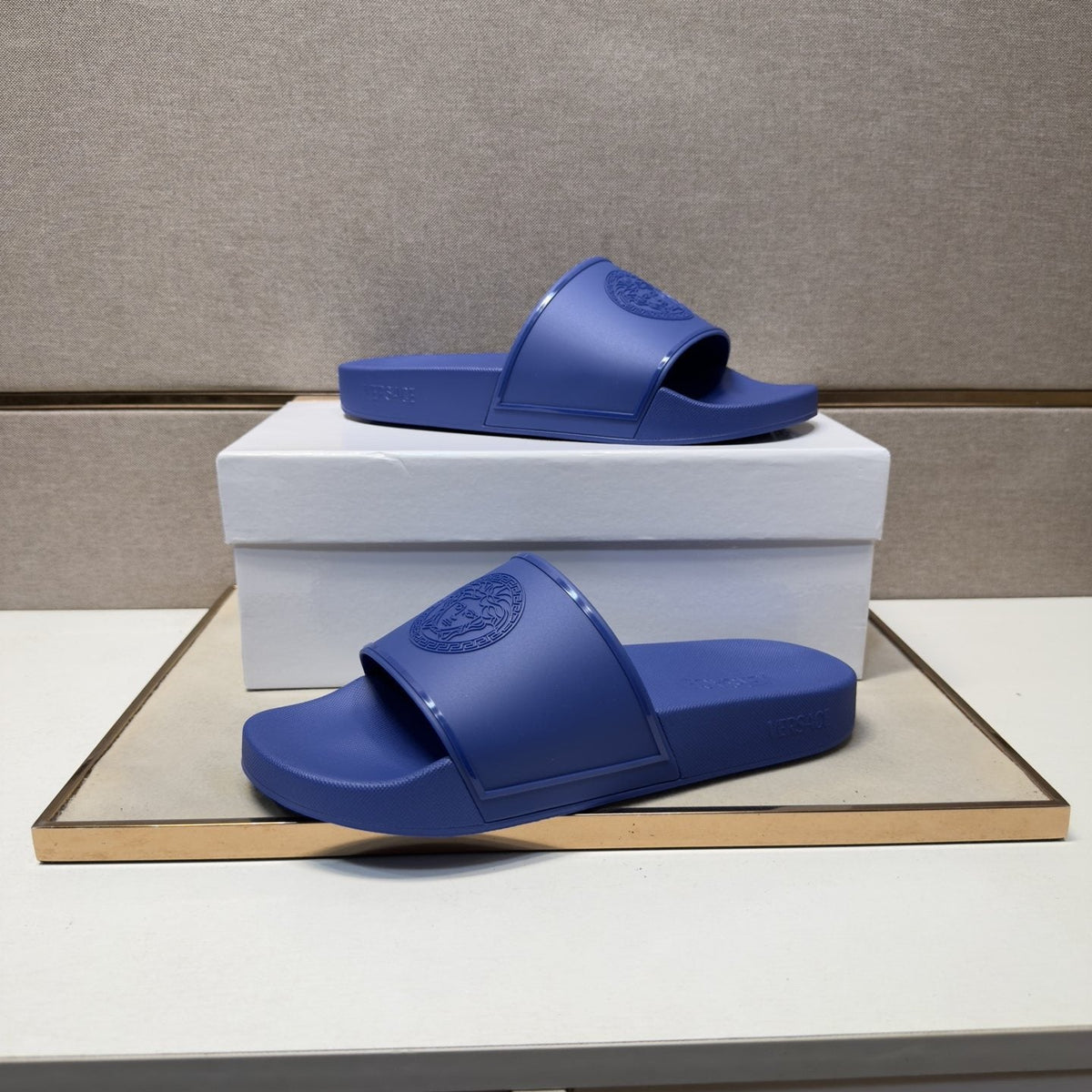 Versace Blue Raised Emblem Slide Sandals — front