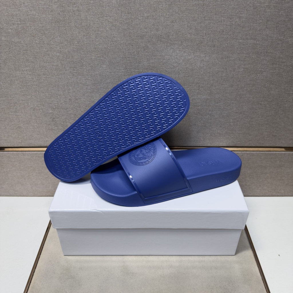Versace Blue Raised Emblem Slide Sandals — detail