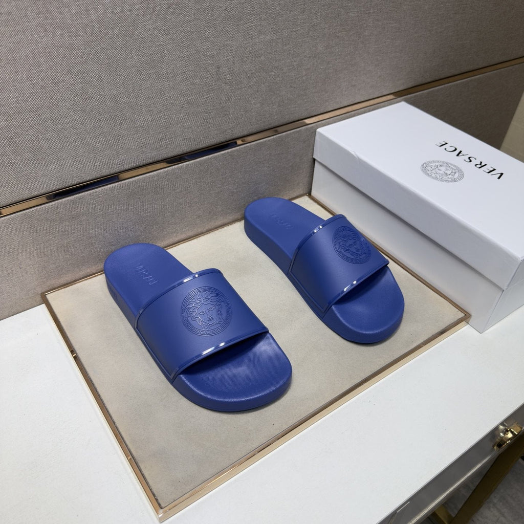 Versace Blue Raised Emblem Slide Sandals — hero
