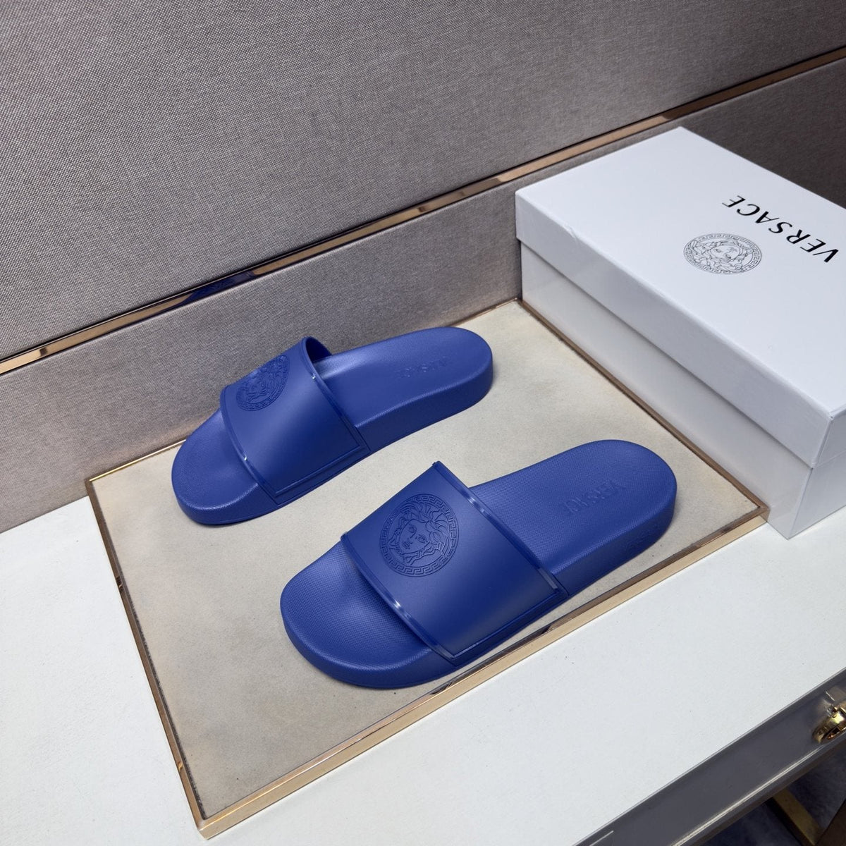 Versace Blue Raised Emblem Slide Sandals — front