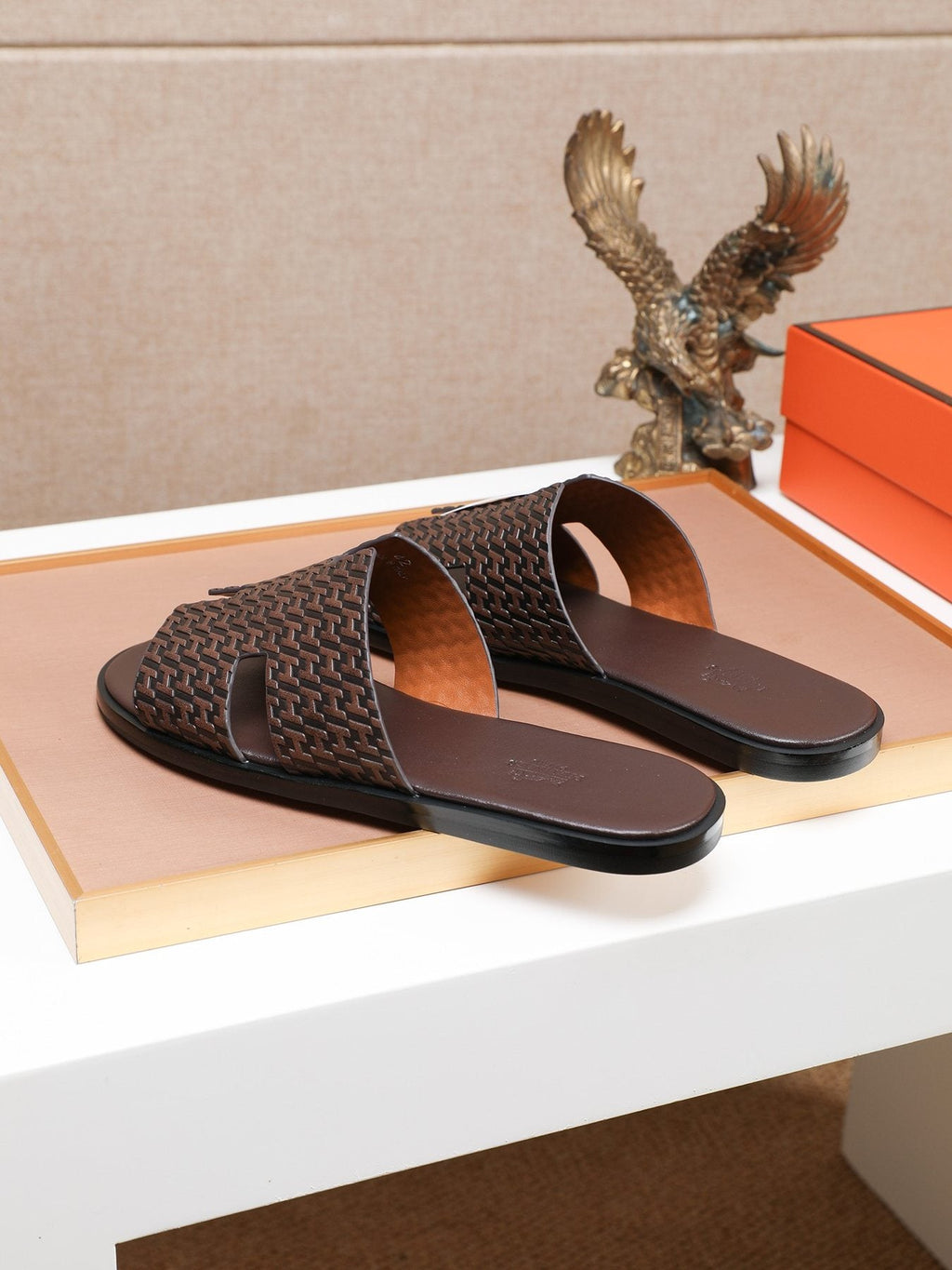 Hermes Dark Brown Woven H-Cutout Slide Sandals — side