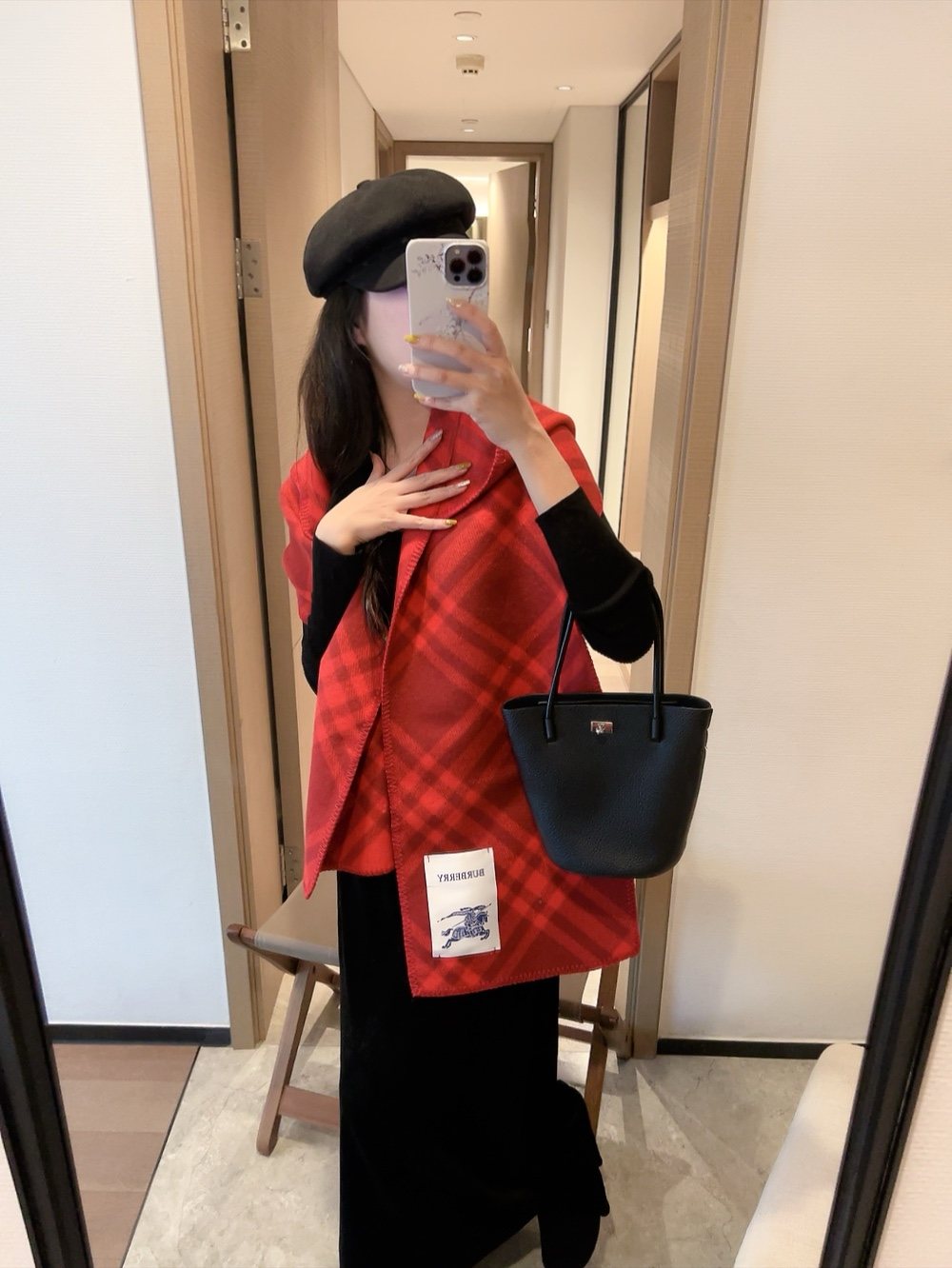 Burberry Red Plaid Hooded Scarf Shawl — model