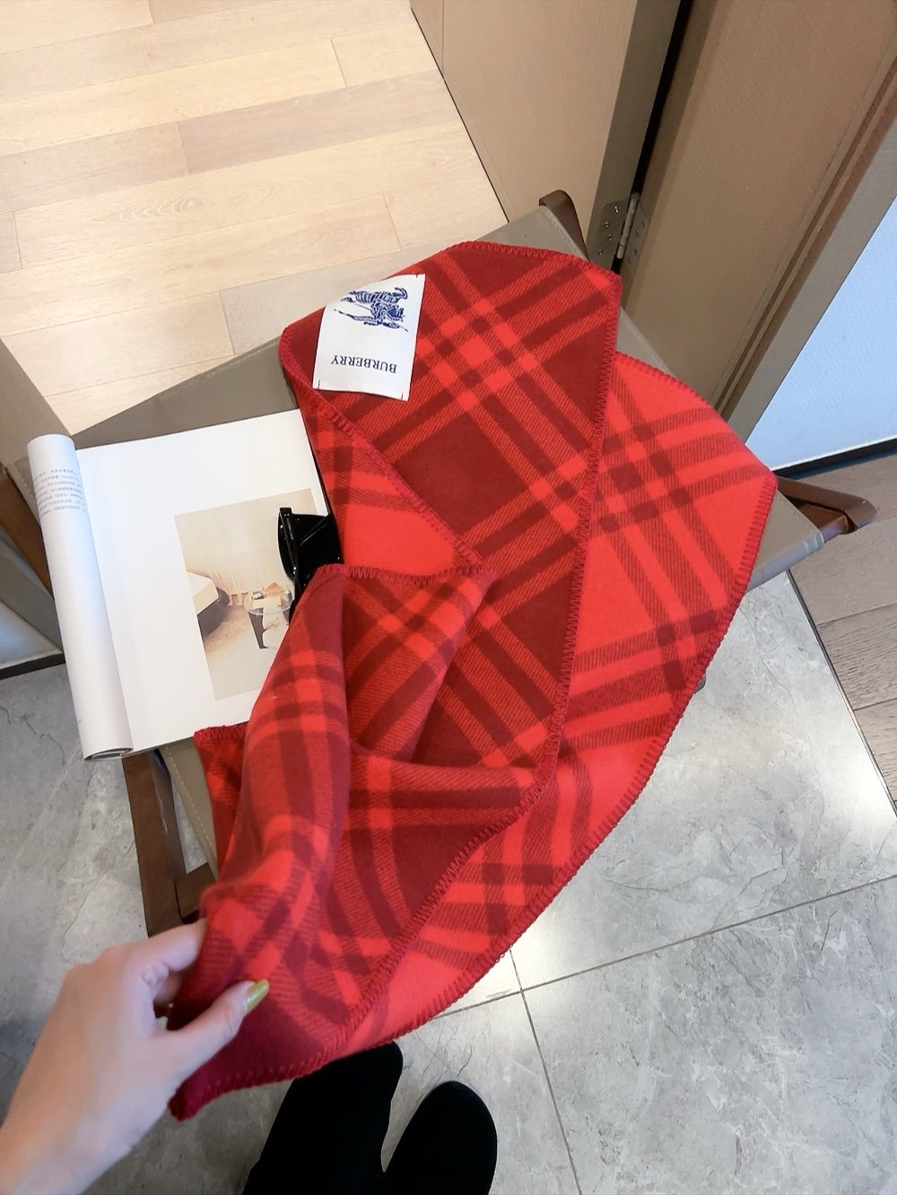 Burberry Red Check Hooded Scarf Shawl — front