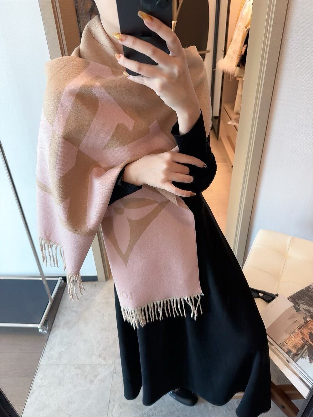 Louis Vuitton Floral Fringed Cashmere Scarf — model