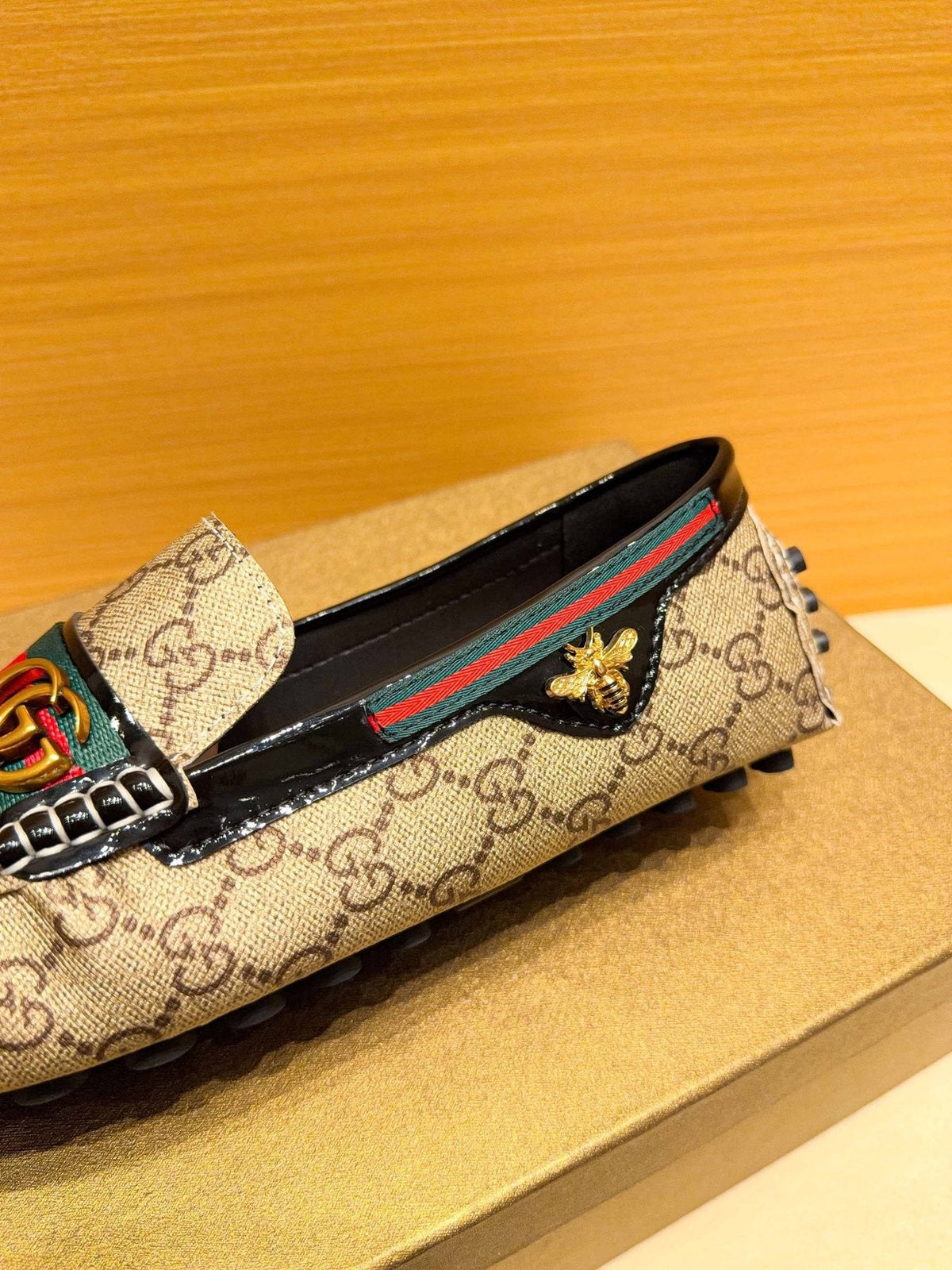 Gucci Beige Monogram Stripe Loafers — detail