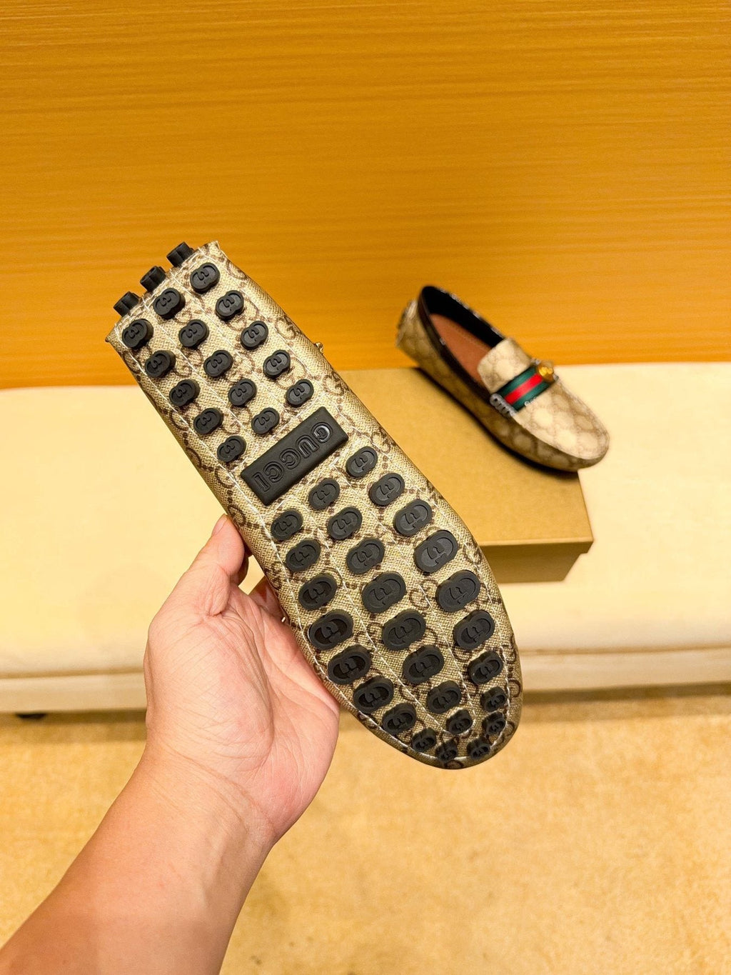 Gucci Beige Monogram Stripe Loafers — side