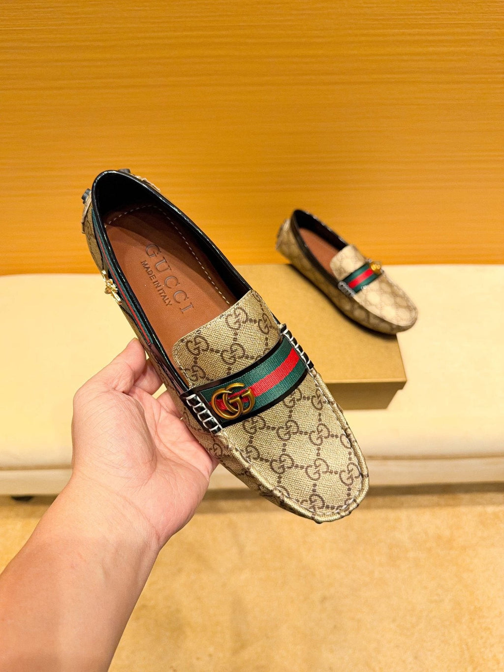 Gucci Beige Monogram Stripe Loafers — front