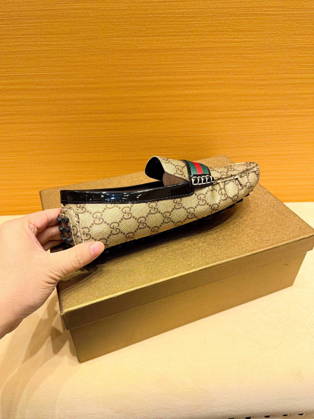 Gucci Beige Monogram Stripe Loafers — side