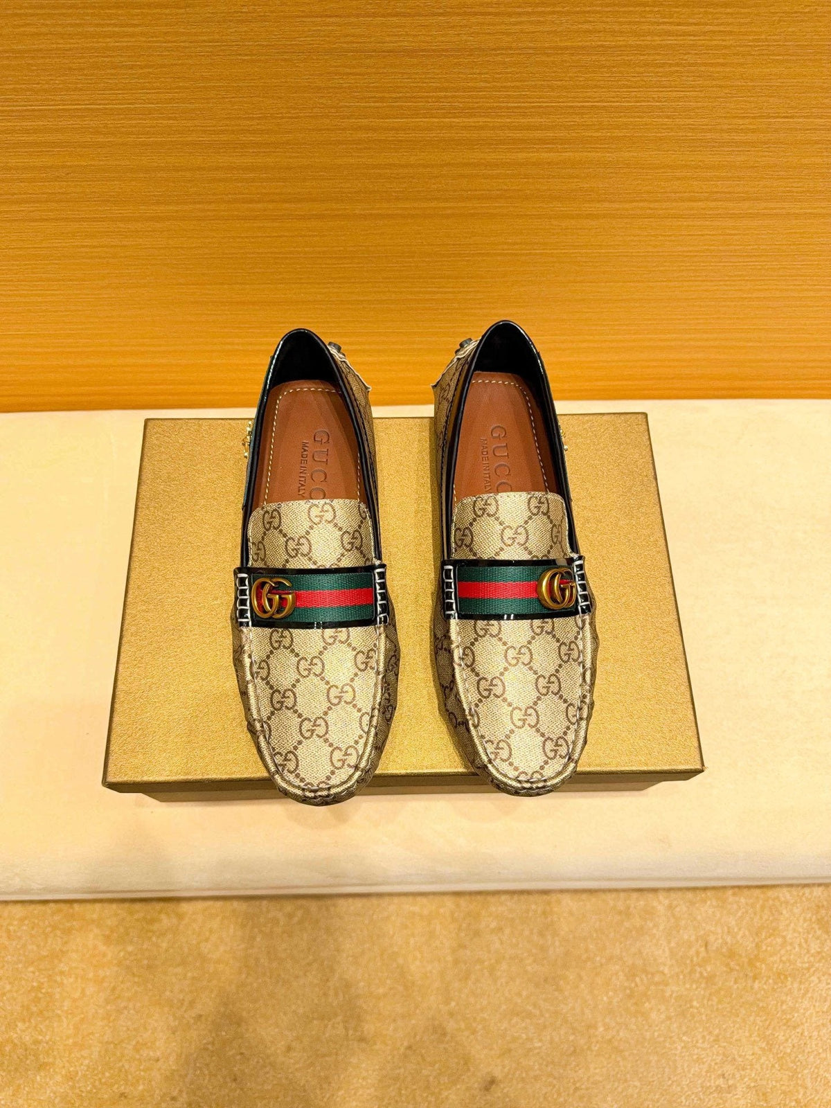 Gucci Beige Monogram Stripe Loafers — hero