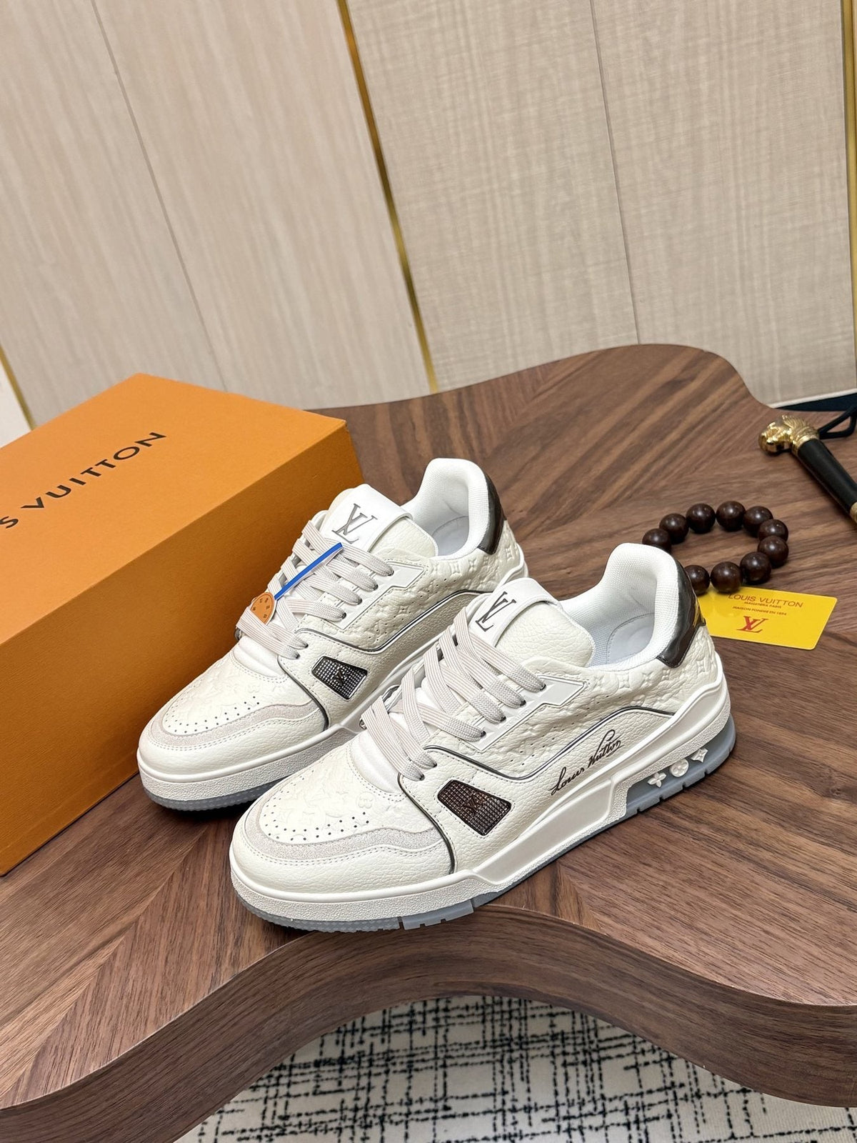 Louis Vuitton White, Gray & Blue Sneakers — front
