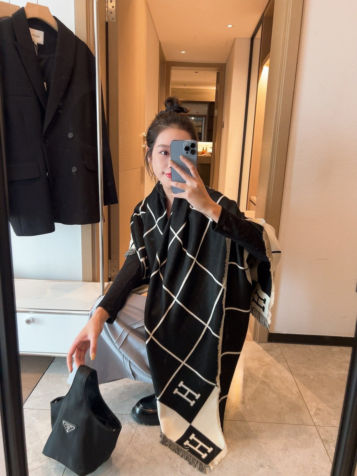 Hermès Black & Cream Grid Square Scarf — model