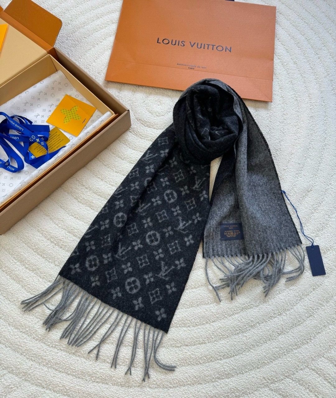 Louis Vuitton Black & Gray Monogram Scarf — front