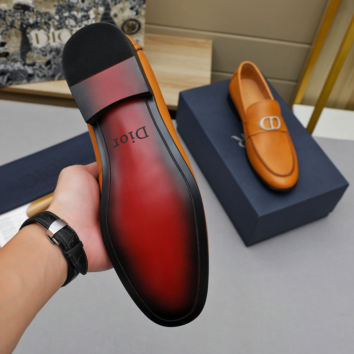 Dior Tan Leather Buckle Loafers — back