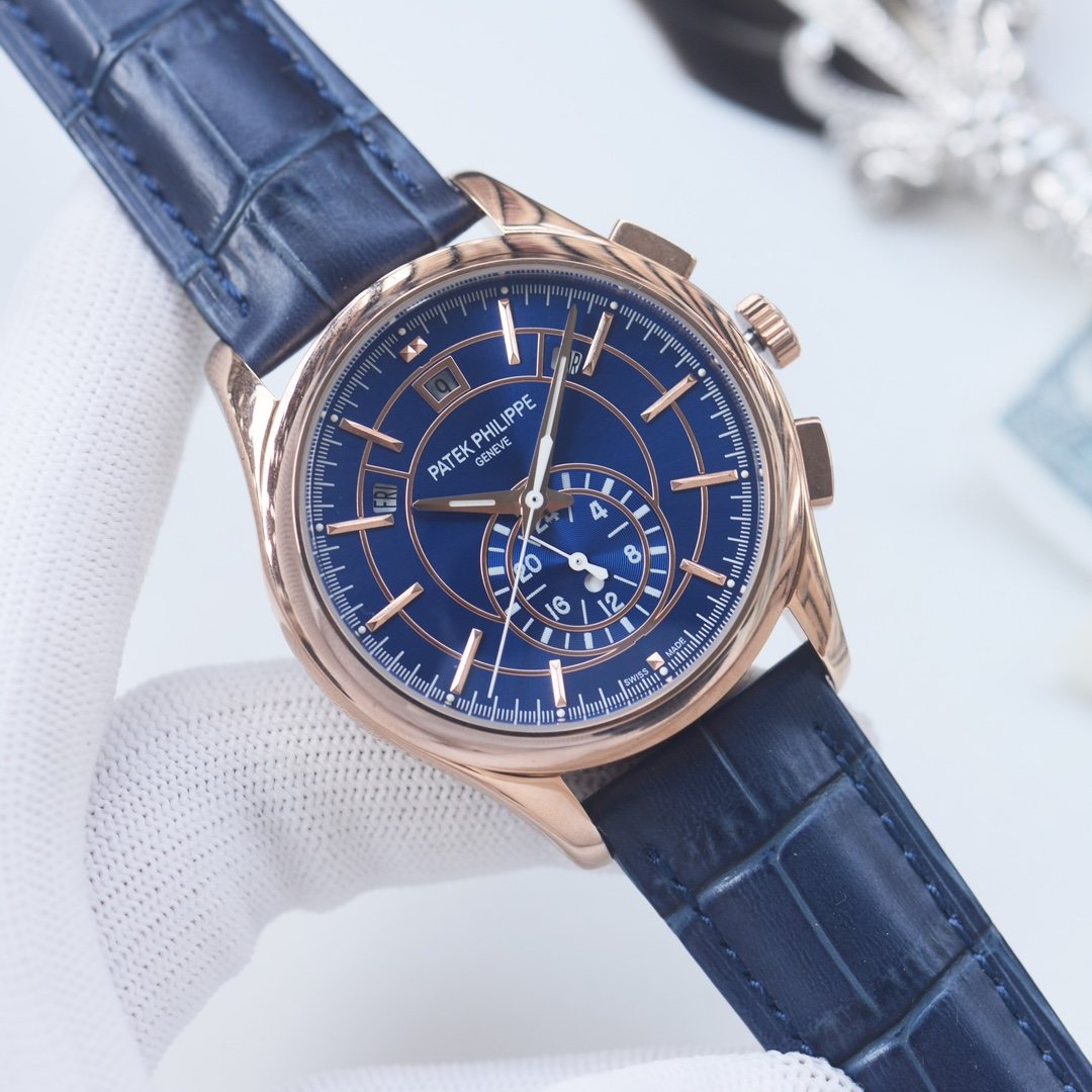 Patek Philippe Rose Gold Blue Dial Strap Watch — hero