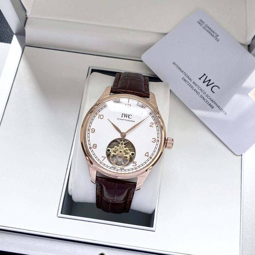 IWC Rose Gold Brown White Dial Strap Watch — front