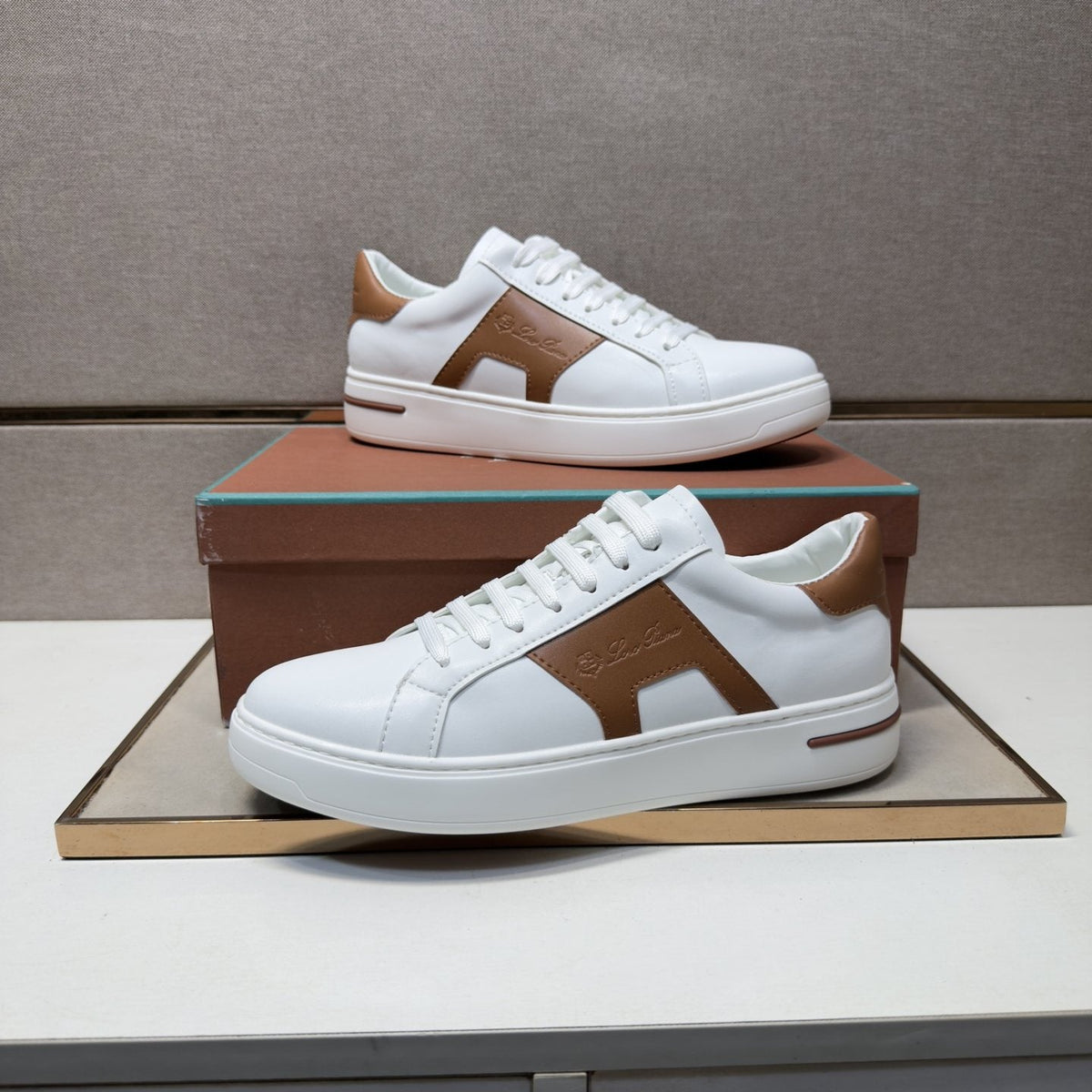 White and Brown Low-Top Sneakers — side