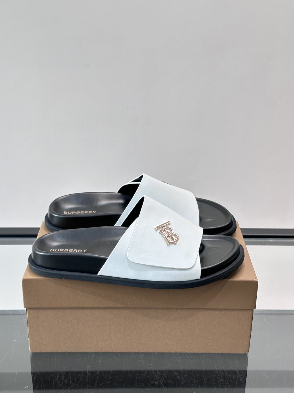 Burberry Men’s White Leather Logo Slide Sandals — front