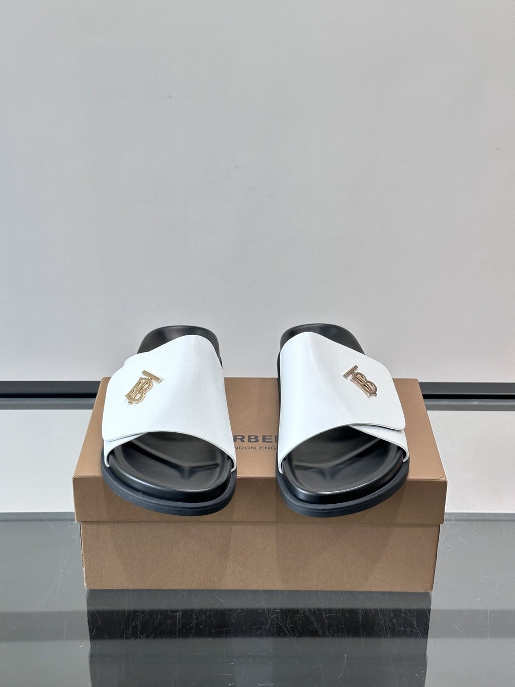 Burberry Men’s White Leather Logo Slide Sandals — hero