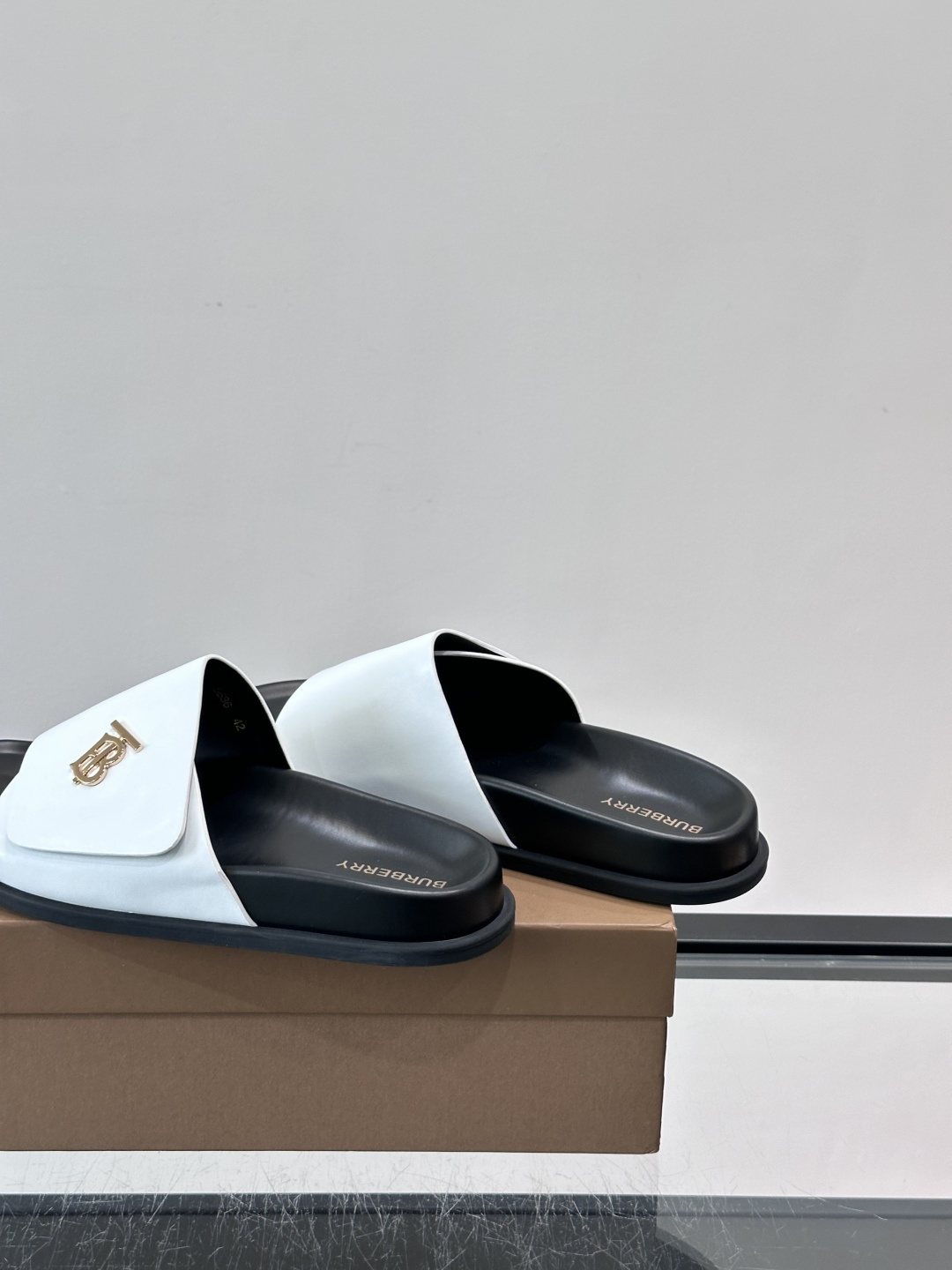 Burberry Men’s White Leather Logo Slide Sandals — side