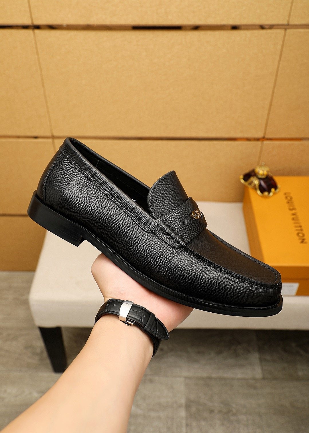 Louis Vuitton Black Textured Hardware Loafers — model