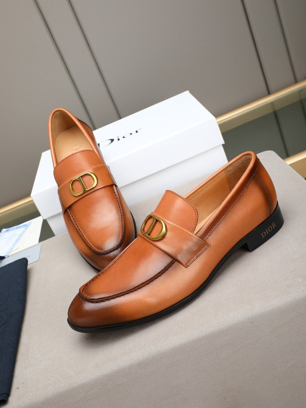 Dior Cognac Brown Gold-Hardware Loafers — front