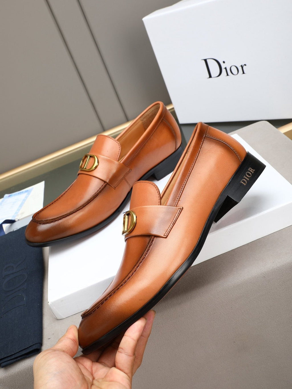 Dior Cognac Brown Gold-Hardware Loafers — front