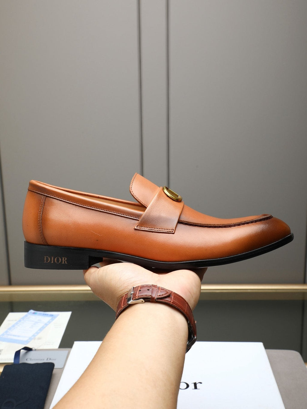 Dior Cognac Brown Gold-Hardware Loafers — model