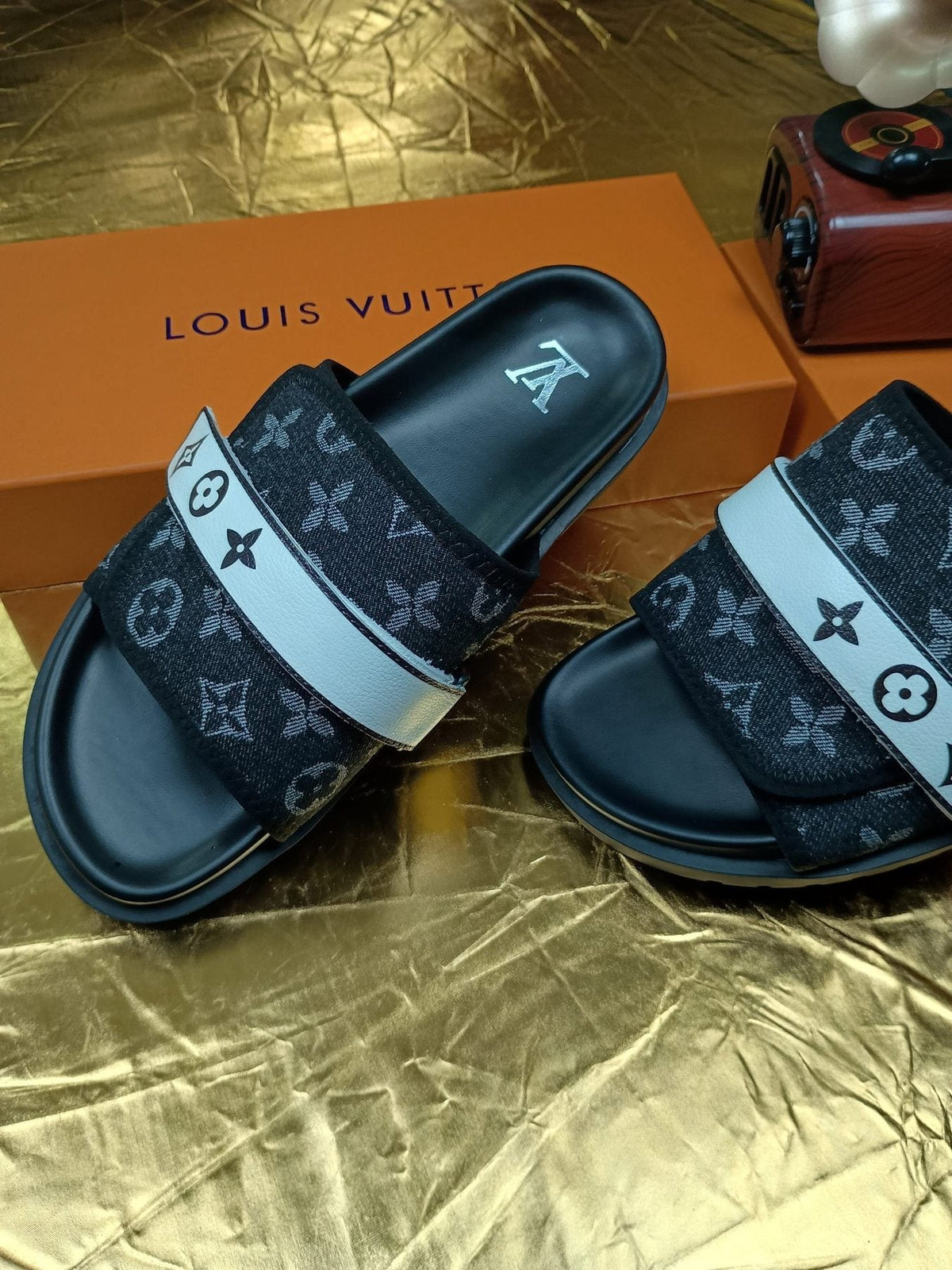 Louis Vuitton Black Graphic Band Slide Sandals — side