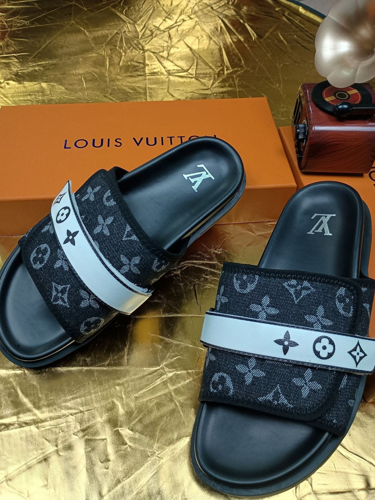 Louis Vuitton Black Graphic Band Slide Sandals — side