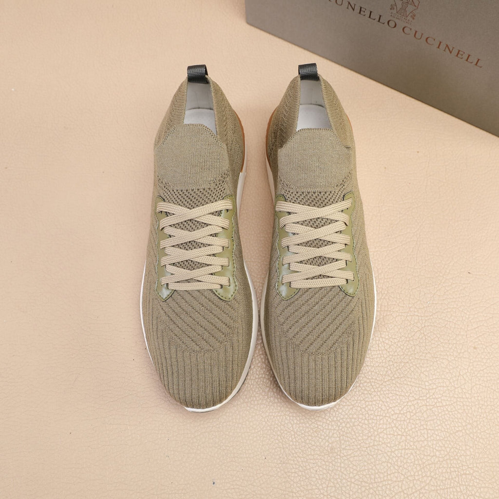 Brunello Cucinelli Olive Green Knit Sneakers — hero