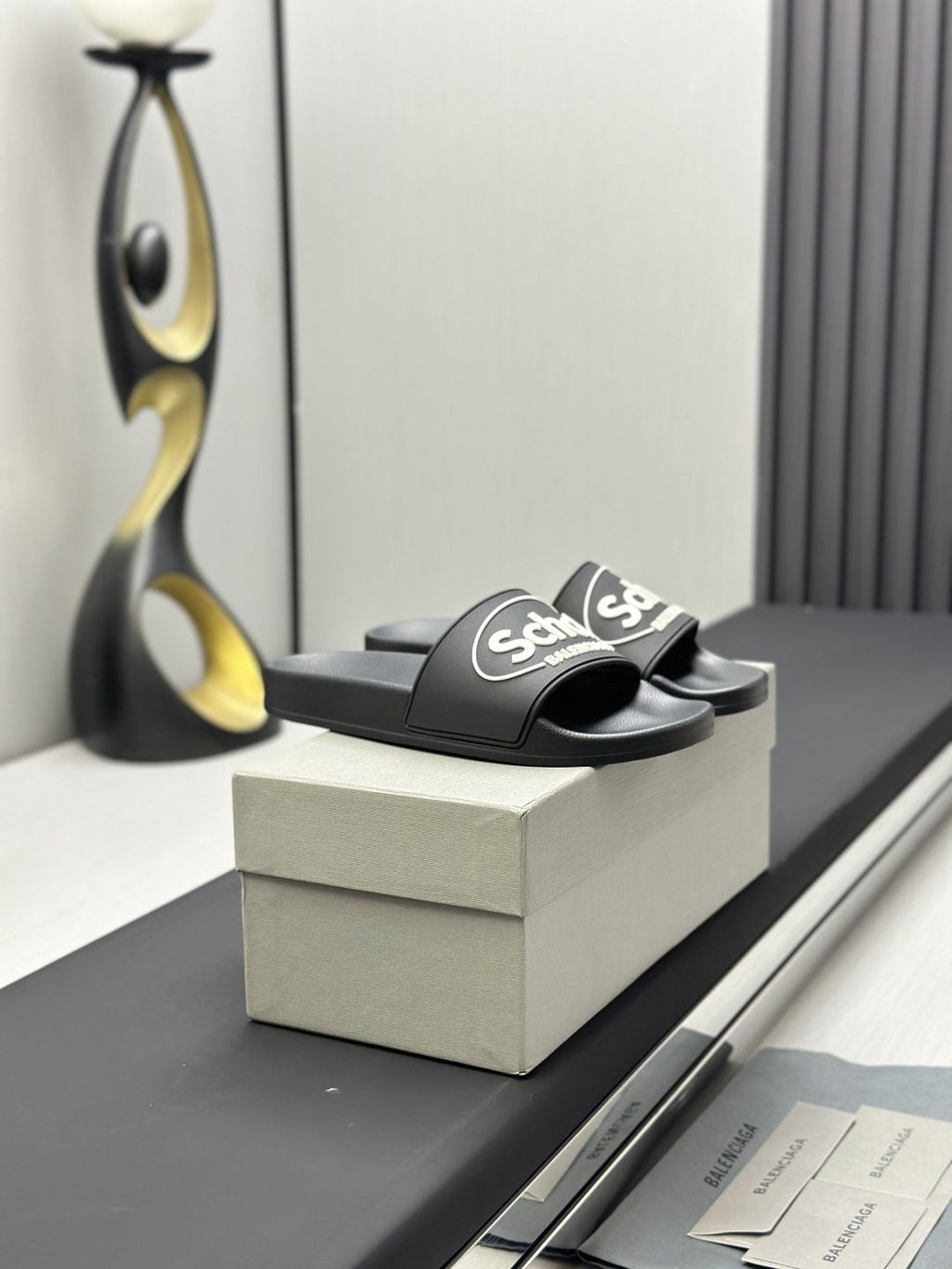 Black Logo Strap Slide Sandals — front
