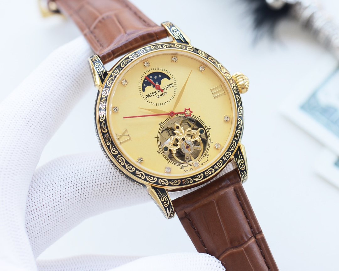 Patek Philippe Brown Gold Dial Leather Strap Watch — front