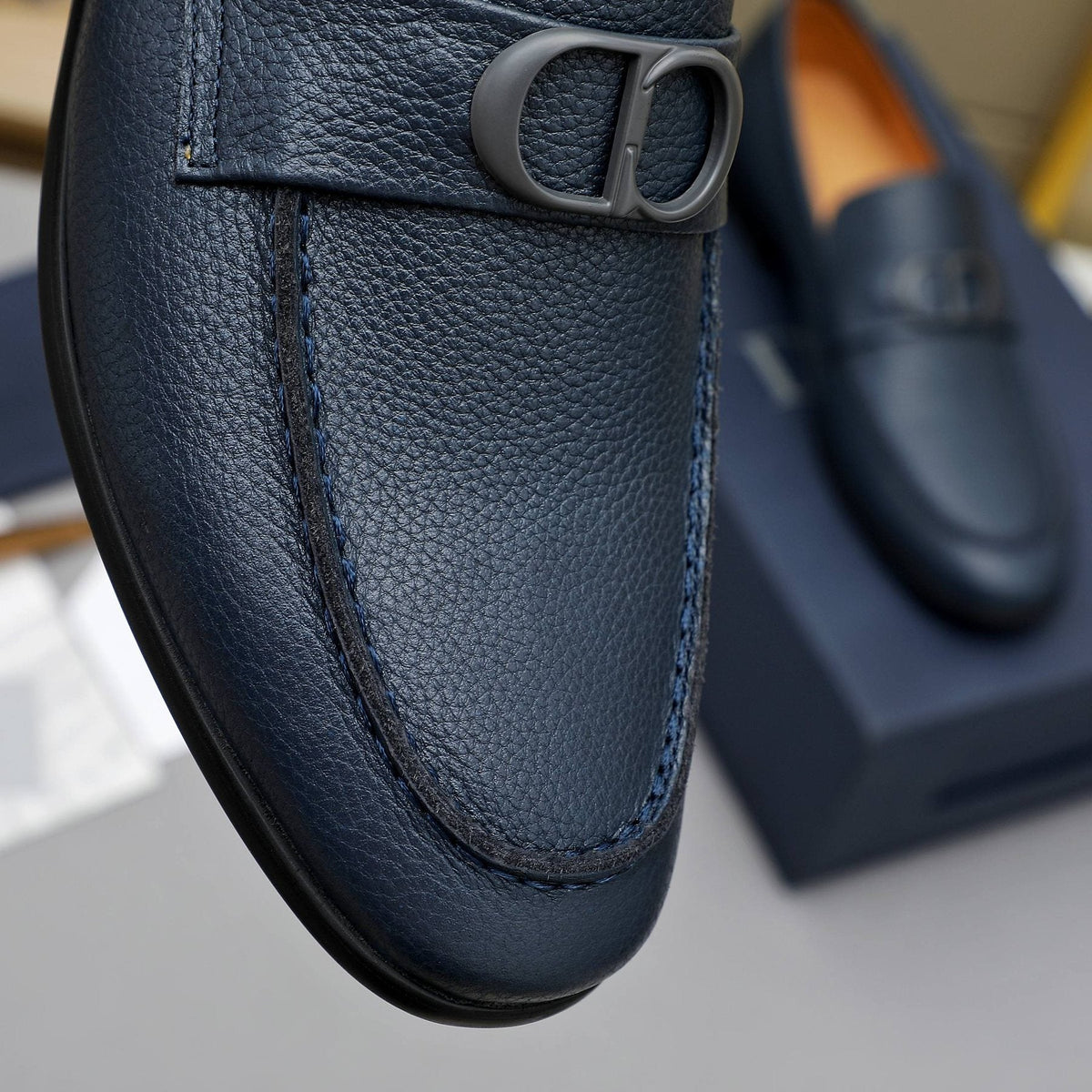 Dior Navy Blue Pebbled Leather Loafers — detail