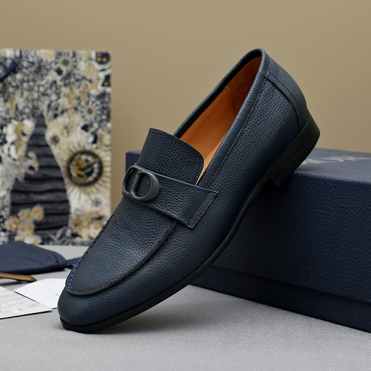 Dior Navy Blue Pebbled Leather Loafers — front