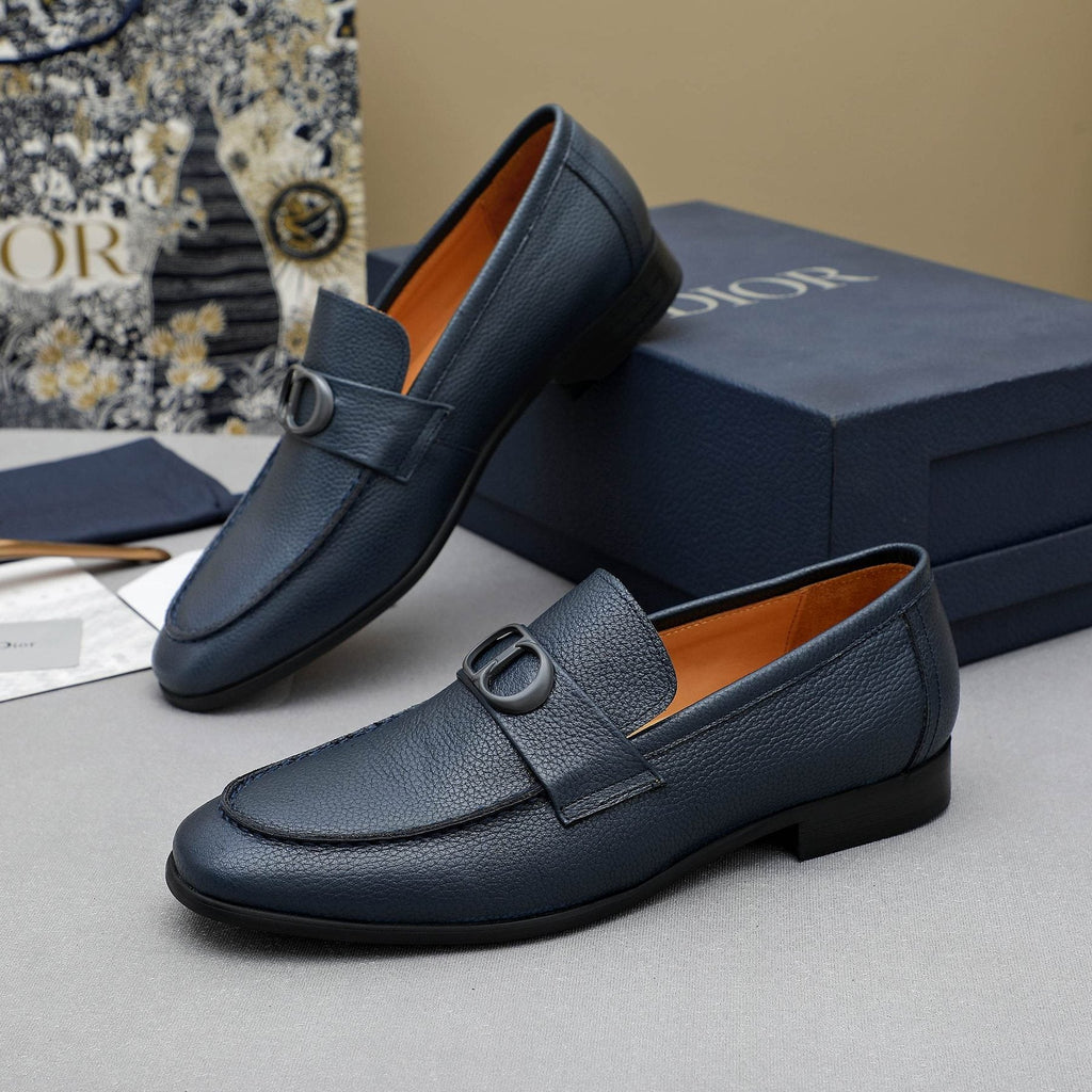 Dior Navy Blue Pebbled Leather Loafers — front