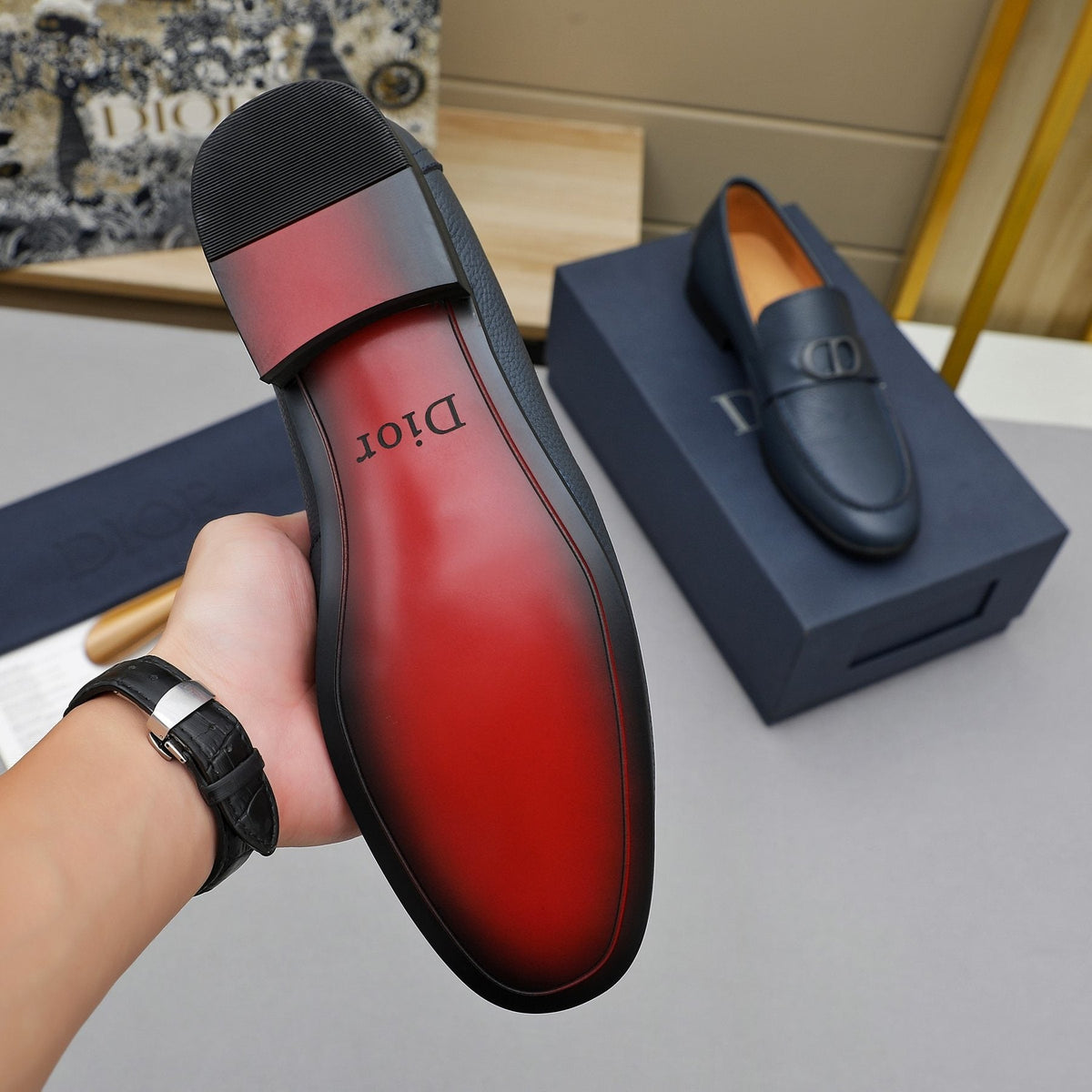Dior Navy Blue Pebbled Leather Loafers — detail