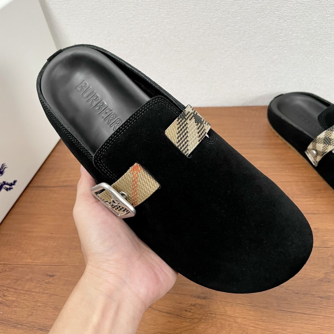 Burberry Check Buckle Slide Sandals — label