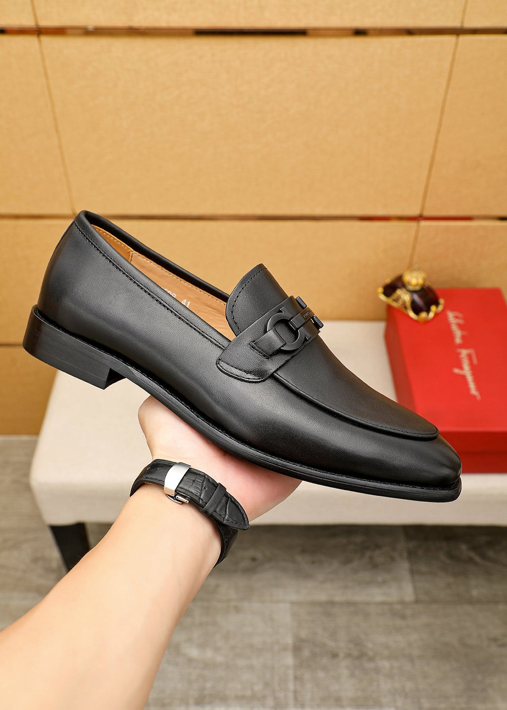 Ferragamo Black Leather Bit Loafers — model