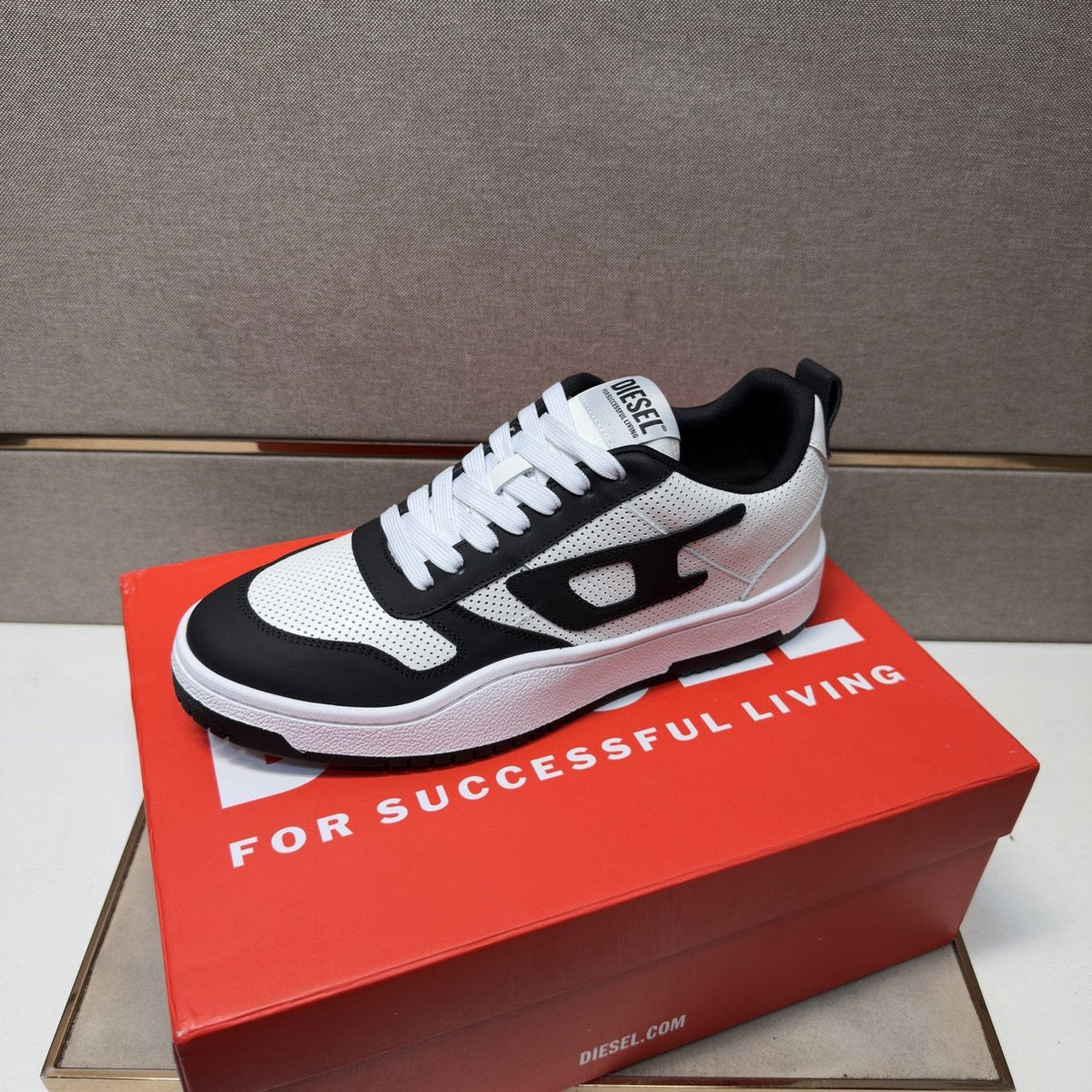 DIESEL Black and White Low-Top Sneakers — side