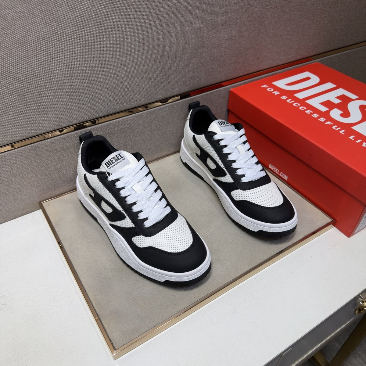 DIESEL Black and White Low-Top Sneakers — front