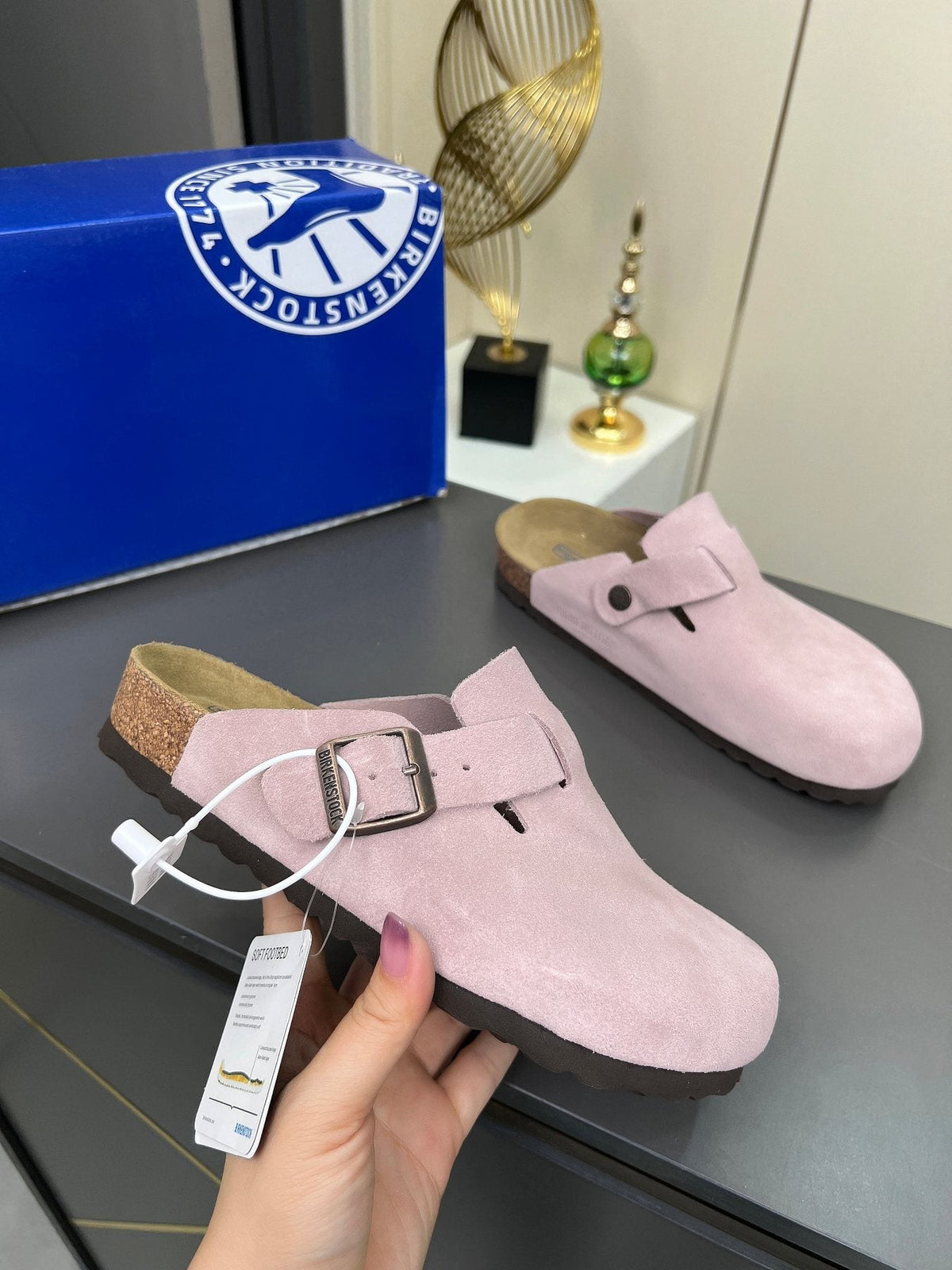 Birkenstock Light Pink Buckle Clogs — side