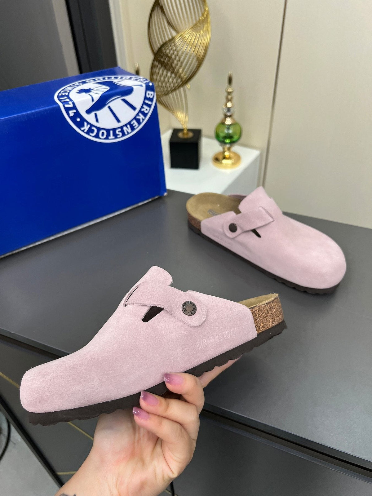 Birkenstock Light Pink Buckle Clogs — side