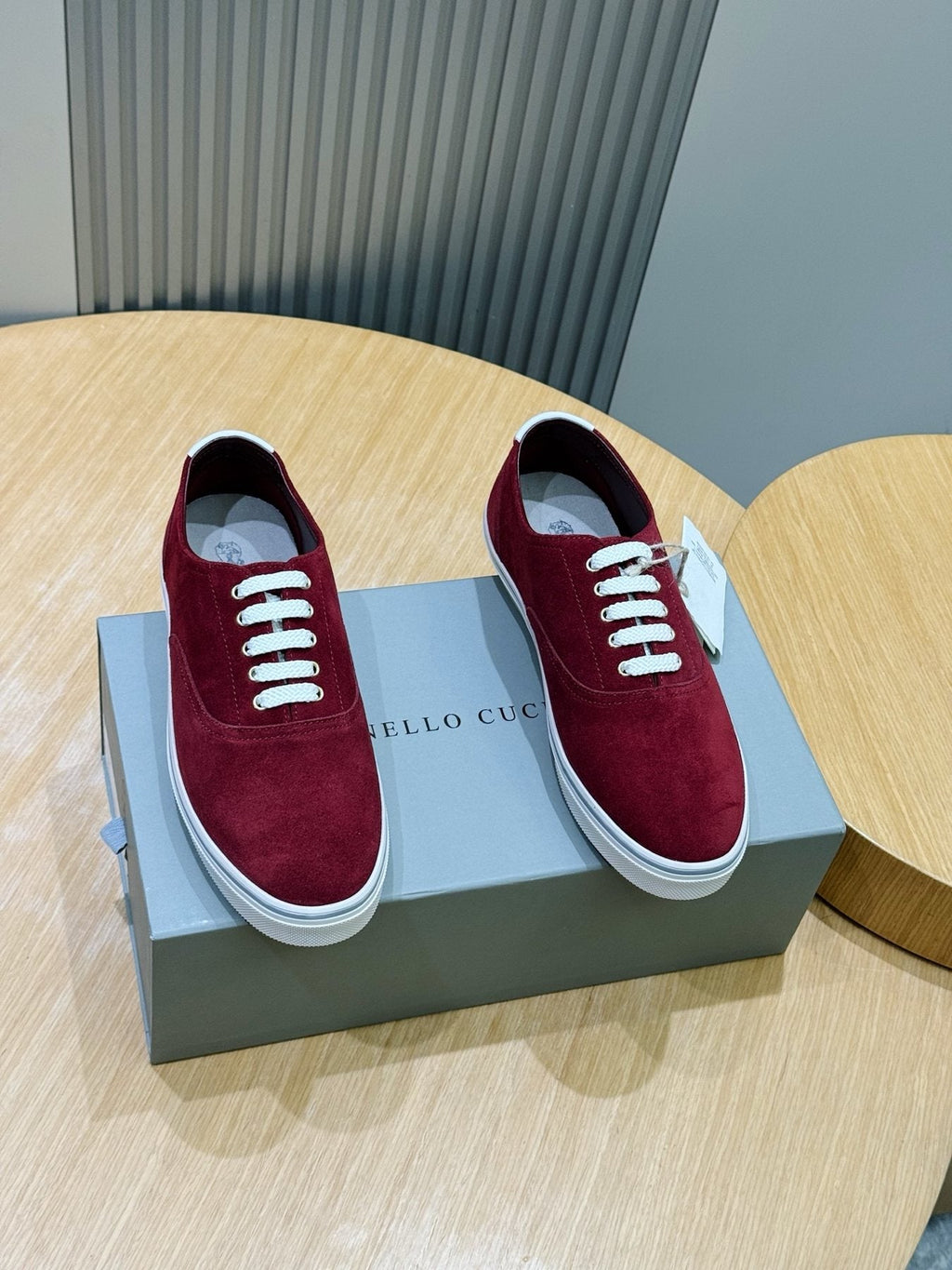 Brunello Cucinelli Burgundy Suede Low-Top Sneakers — front