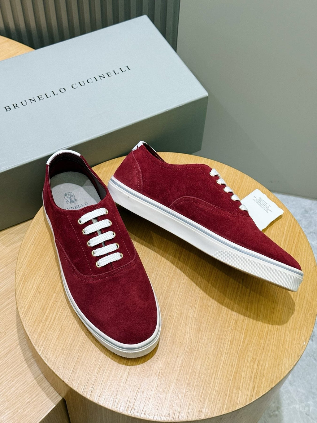 Brunello Cucinelli Burgundy Suede Low-Top Sneakers — front