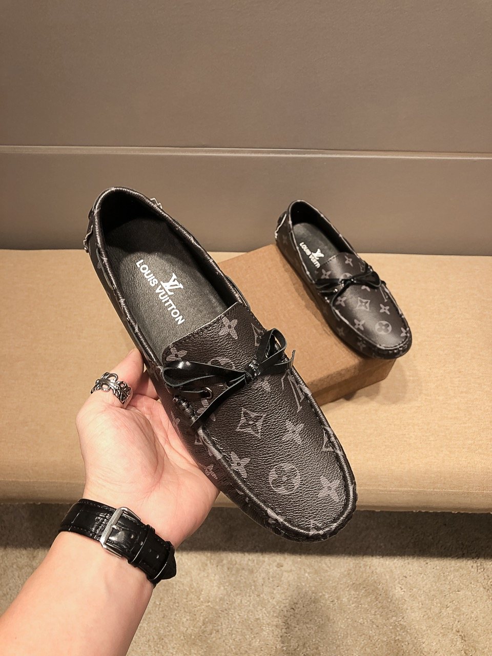 Louis Vuitton Dark Gray Monogram Bow Loafers — front