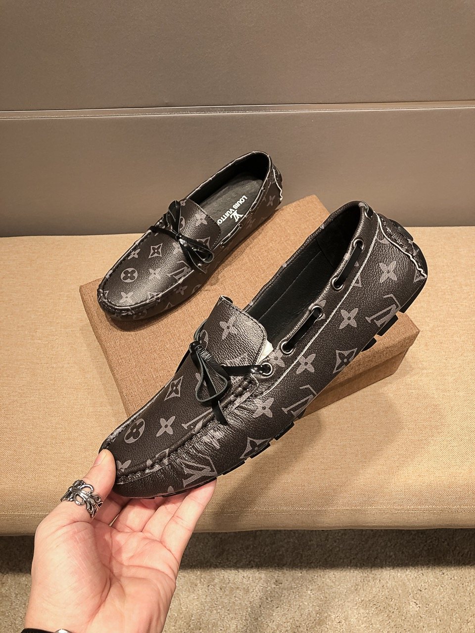 Louis Vuitton Dark Gray Monogram Bow Loafers — front