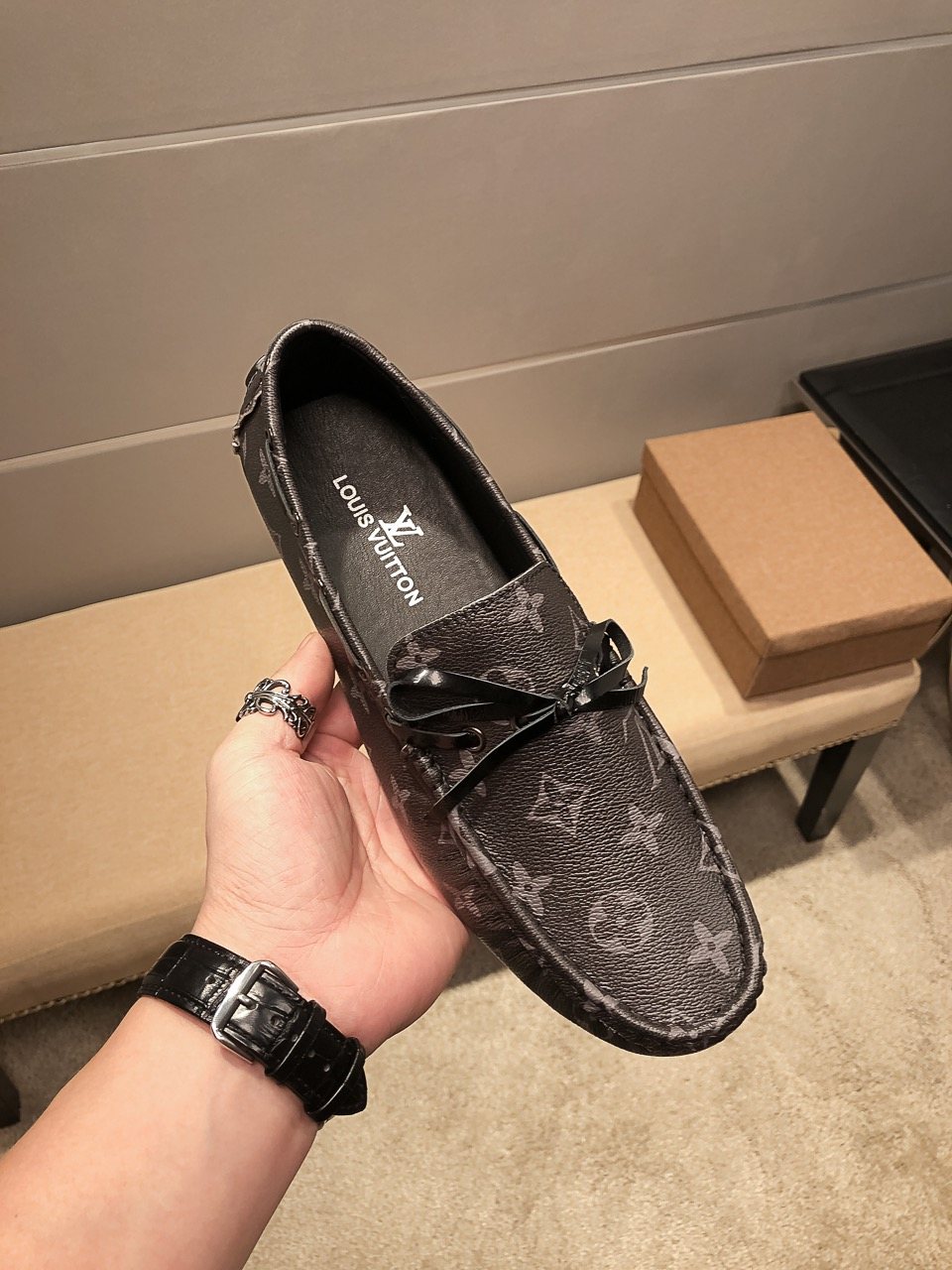Louis Vuitton Dark Gray Monogram Bow Loafers — front