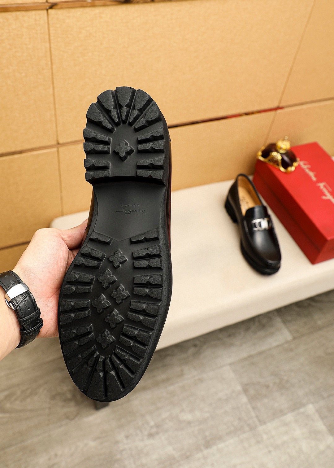 Ferragamo Black Textured Buckle Loafers — detail