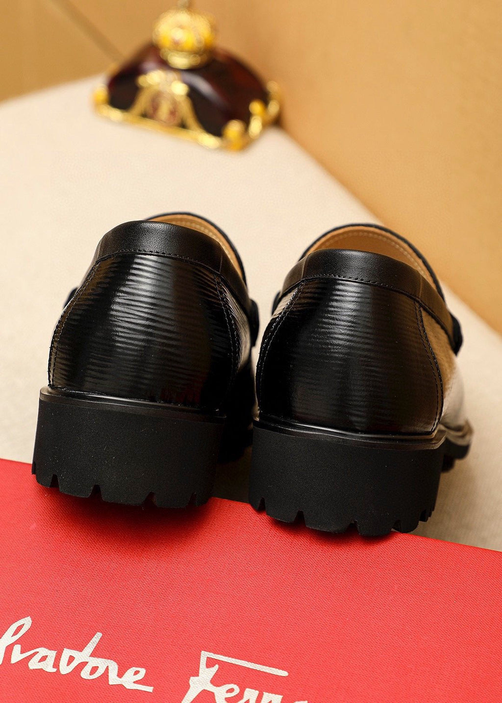 Ferragamo Black Textured Buckle Loafers — back